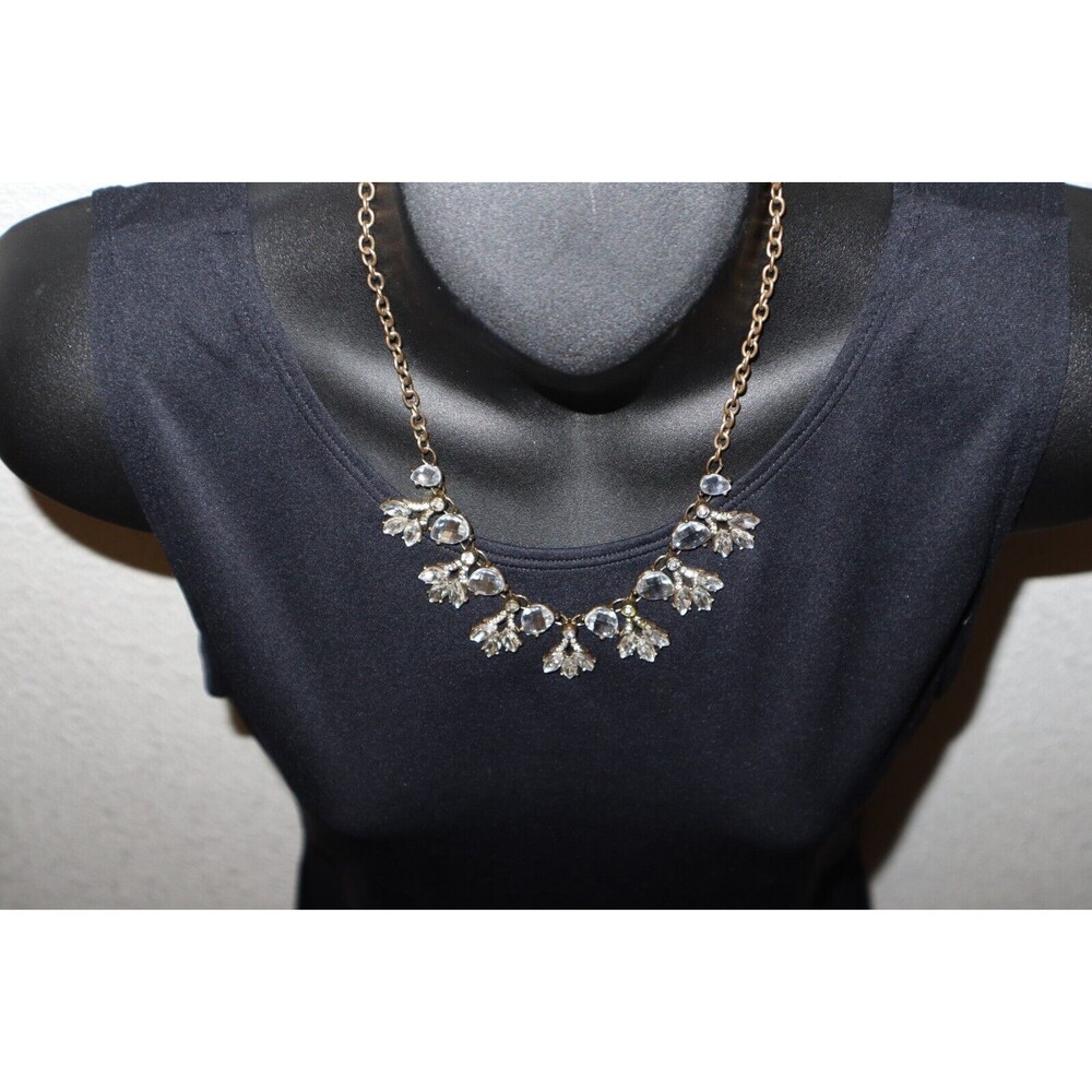 VTG Teardrop Clear Crystal Rhinestone Necklace Choker Gold Tone Tri-Leaf Shape